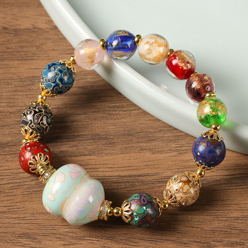 Wear FengShui Colorful Liuli Glass Sandalwood Gourd Bead Lacquer Craft Bracelet
