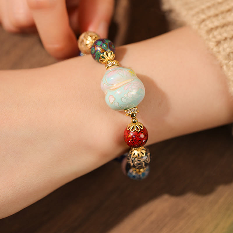 Wear FengShui Colorful Liuli Glass Sandalwood Gourd Bead Lacquer Craft Bracelet