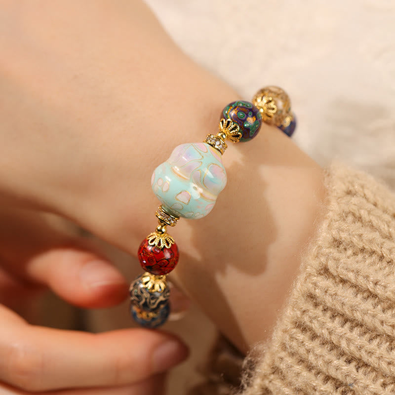 Wear FengShui Colorful Liuli Glass Sandalwood Gourd Bead Lacquer Craft Bracelet