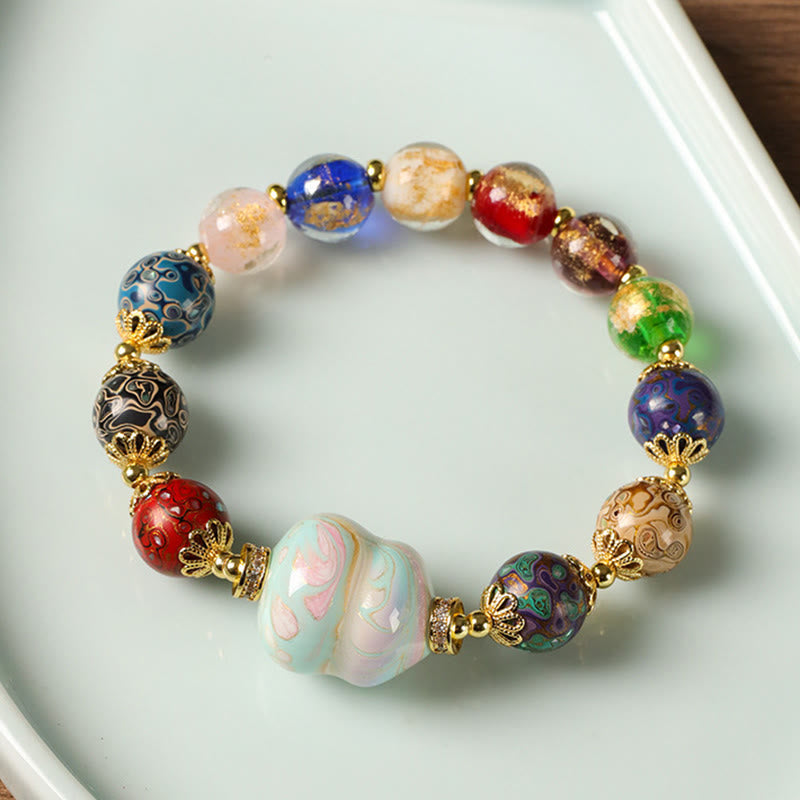 Wear FengShui Colorful Liuli Glass Sandalwood Gourd Bead Lacquer Craft Bracelet