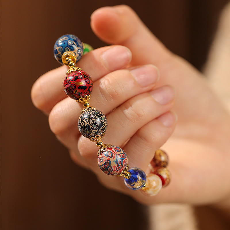 Wear FengShui Colorful Liuli Glass Sandalwood Gourd Bead Lacquer Craft Bracelet