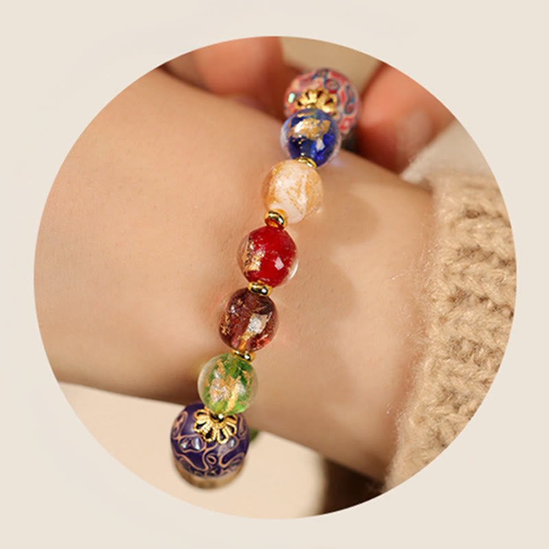 Wear FengShui Colorful Liuli Glass Sandalwood Gourd Bead Lacquer Craft Bracelet