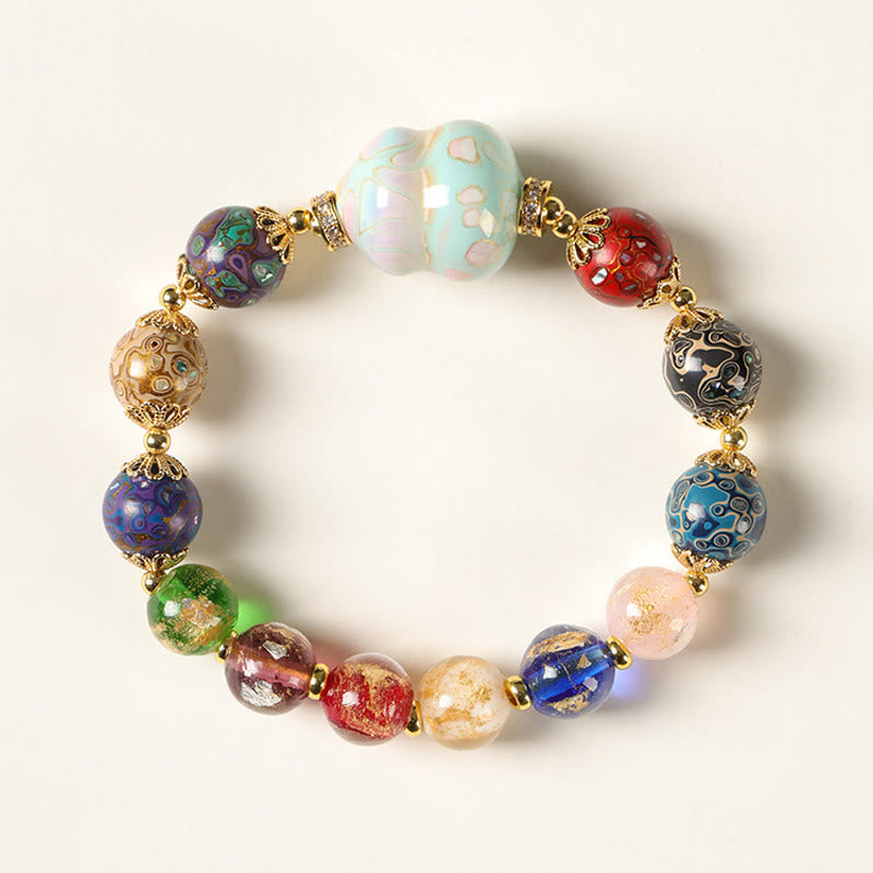 Wear FengShui Colorful Liuli Glass Sandalwood Gourd Bead Lacquer Craft Bracelet