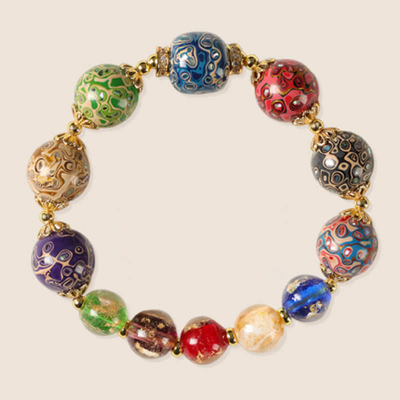 Wear FengShui Colorful Liuli Glass Sandalwood Gourd Bead Lacquer Craft Bracelet