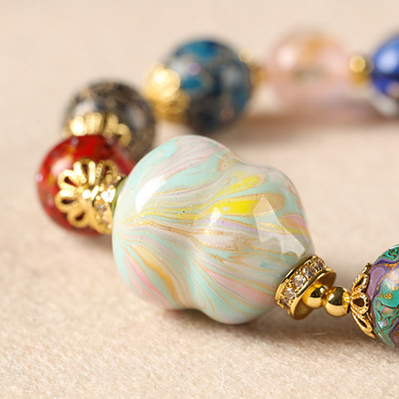 Wear FengShui Colorful Liuli Glass Sandalwood Gourd Bead Lacquer Craft Bracelet