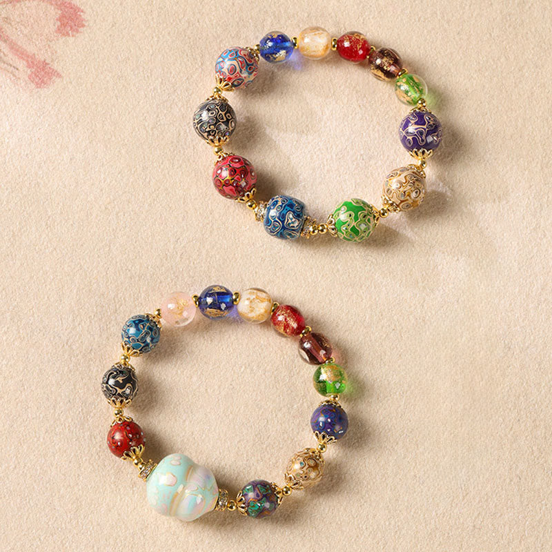 Wear FengShui Colorful Liuli Glass Sandalwood Gourd Bead Lacquer Craft Bracelet