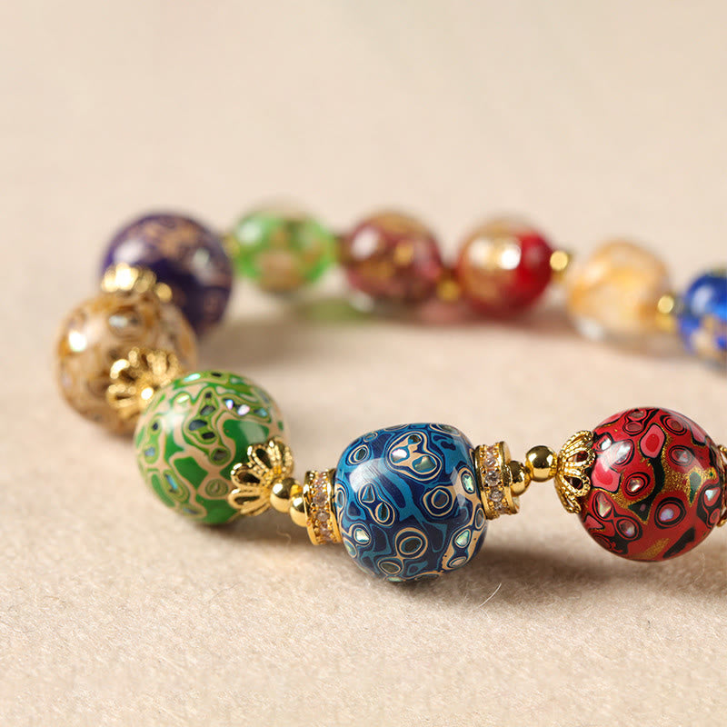 Wear FengShui Colorful Liuli Glass Sandalwood Gourd Bead Lacquer Craft Bracelet
