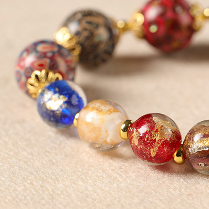 Wear FengShui Colorful Liuli Glass Sandalwood Gourd Bead Lacquer Craft Bracelet