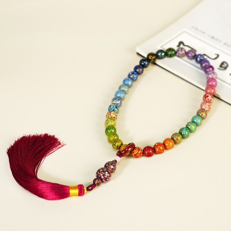 Wear FengShui Ebony Lacquer Craft Gourd Bead Tassel Blessing Bracelet