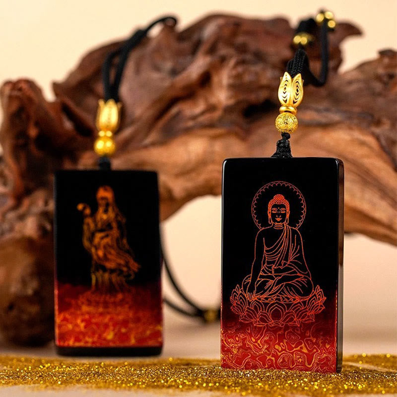 Buddha Stones Chinese Zodiac Natal Buddha Fu Character Lacquer Craft Sandalwood Pendant Necklace