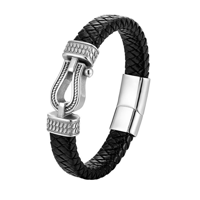 Wear FengShui Leather horseshoe-Shaped Titanium Steel Balance Braided Magnetic Buckle Bracelet