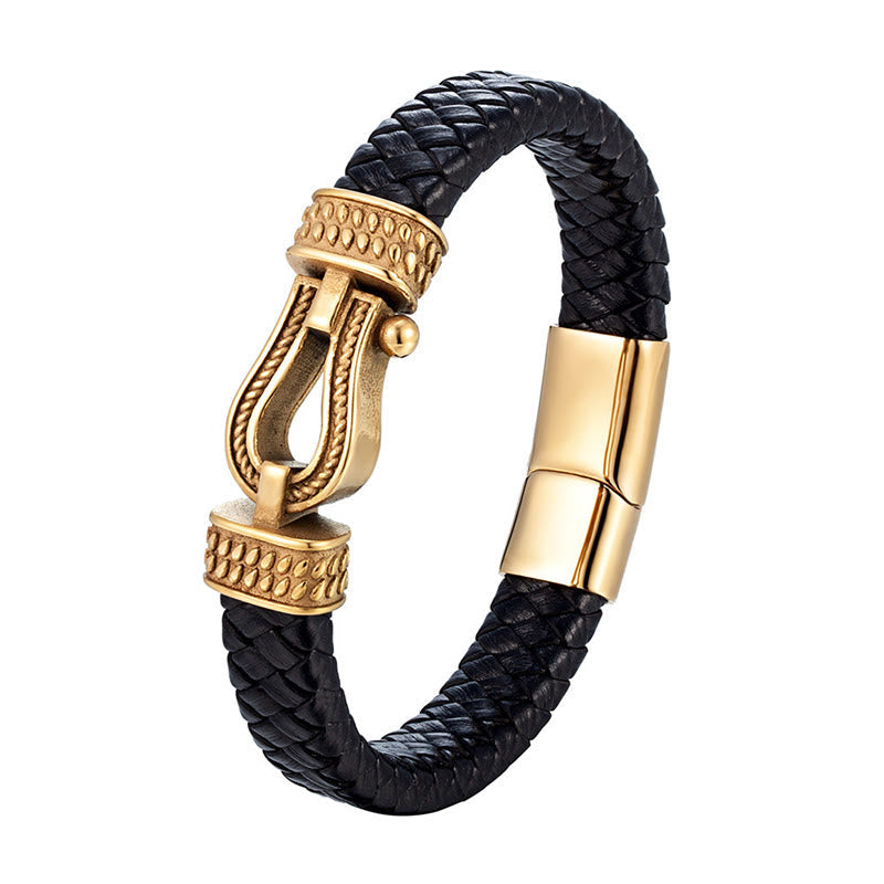 Wear FengShui Leather horseshoe-Shaped Titanium Steel Balance Braided Magnetic Buckle Bracelet