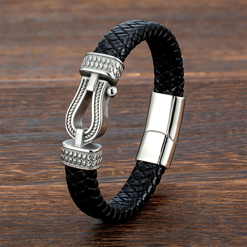Wear FengShui Leather horseshoe-Shaped Titanium Steel Balance Braided Magnetic Buckle Bracelet