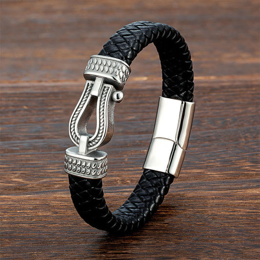 Wear FengShui Leather horseshoe-Shaped Titanium Steel Balance Braided Magnetic Buckle Bracelet
