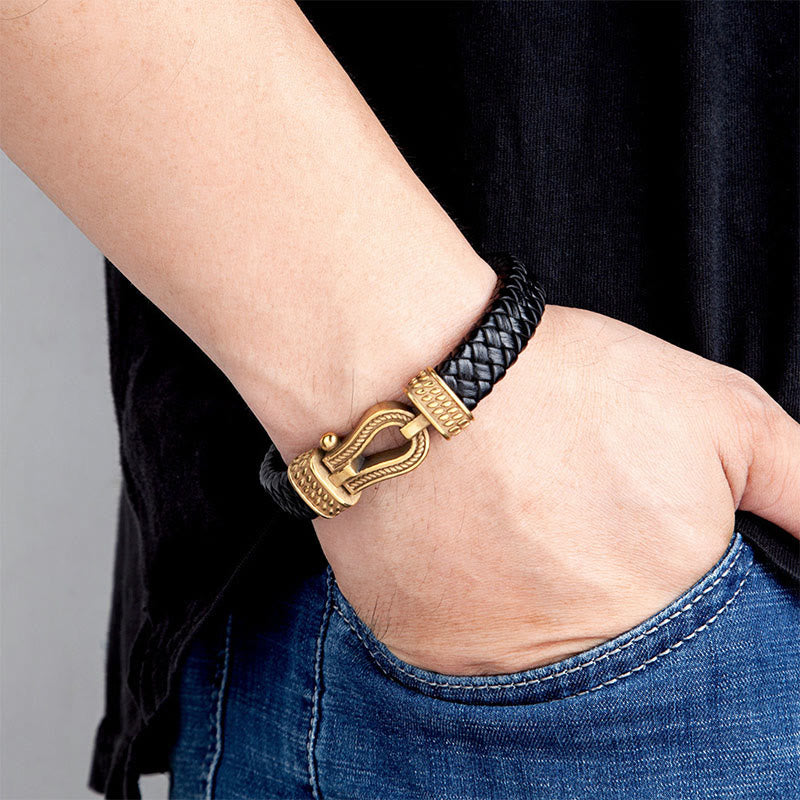 Wear FengShui Leather horseshoe-Shaped Titanium Steel Balance Braided Magnetic Buckle Bracelet