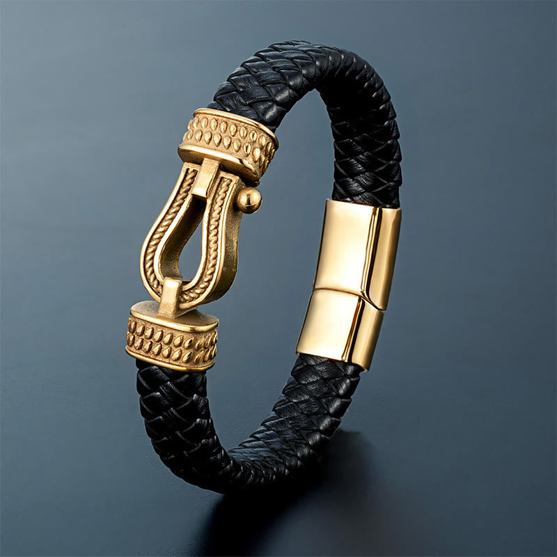 Wear FengShui Leather horseshoe-Shaped Titanium Steel Balance Braided Magnetic Buckle Bracelet