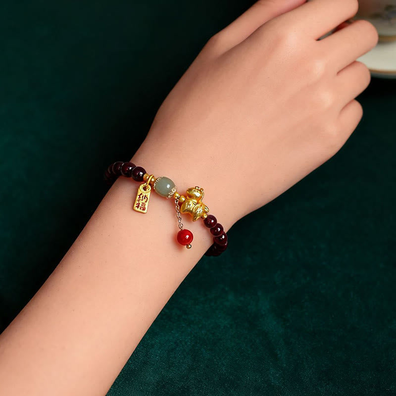 Wear FengShui Year Of The Horse Garnet Fu Character Lucky Fortune Charm Protection Bracelet