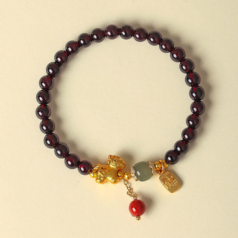 Wear FengShui Year Of The Horse Garnet Fu Character Lucky Fortune Charm Protection Bracelet