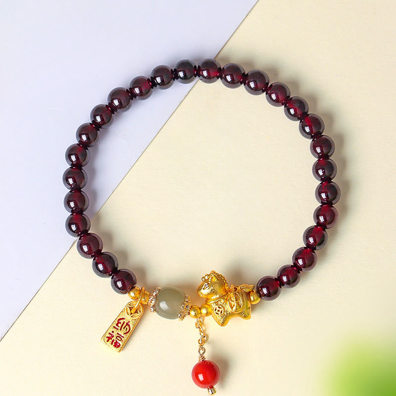 Wear FengShui Year Of The Horse Garnet Fu Character Lucky Fortune Charm Protection Bracelet