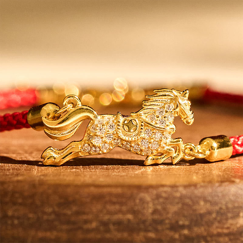 Buddha Stones Chinese Zodiac Year Of The Horse 925 Sterling Silver Golden Red String Luck Bracelet