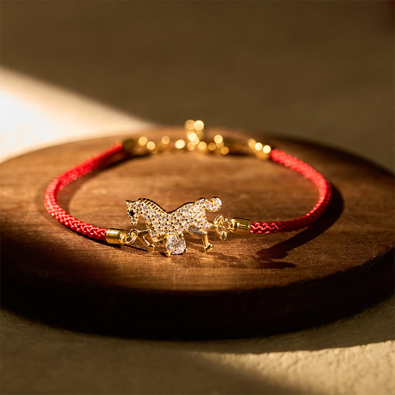 Wear FengShui 925 Sterling Silver Golden Year Of The Horse Red String Luck Adjustable Bracelet