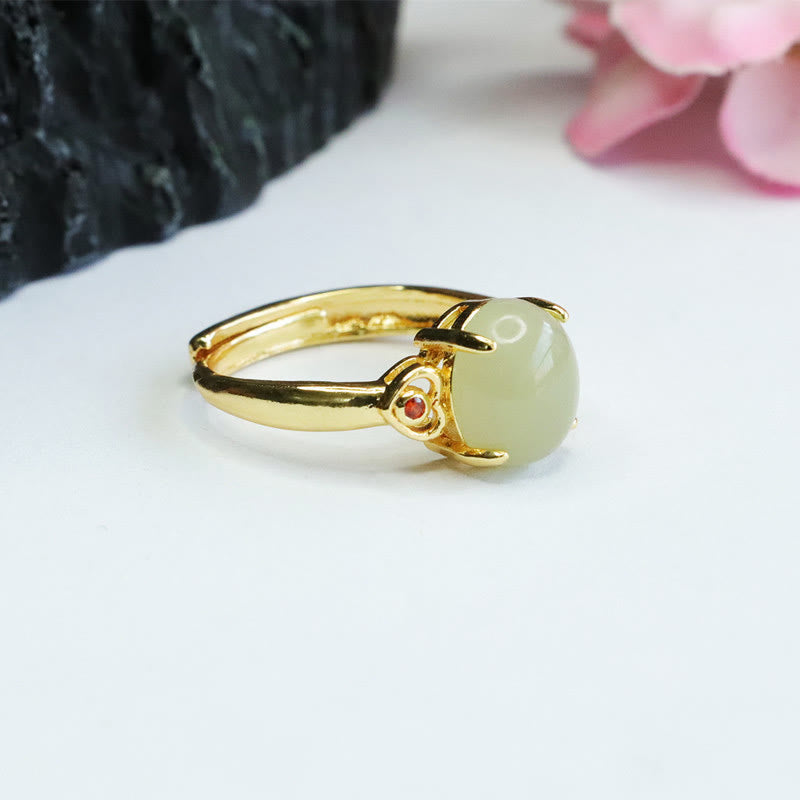 Wear FengShui Natural Hetian Jade Egg Heart-shaped Copper Luck Open Ring