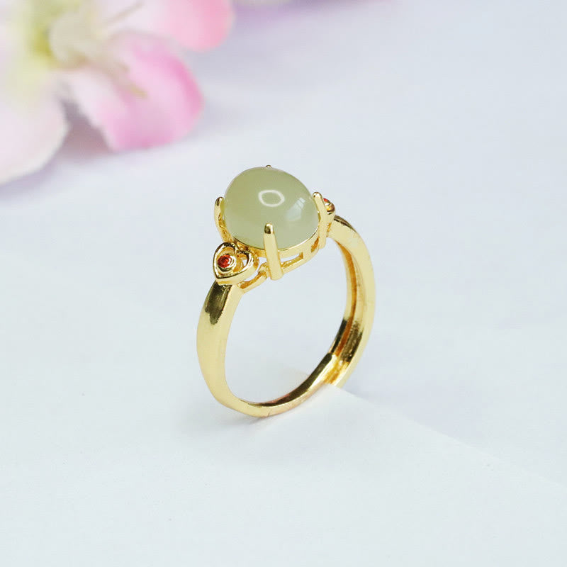 Wear FengShui Natural Hetian Jade Egg Heart-shaped Copper Luck Open Ring