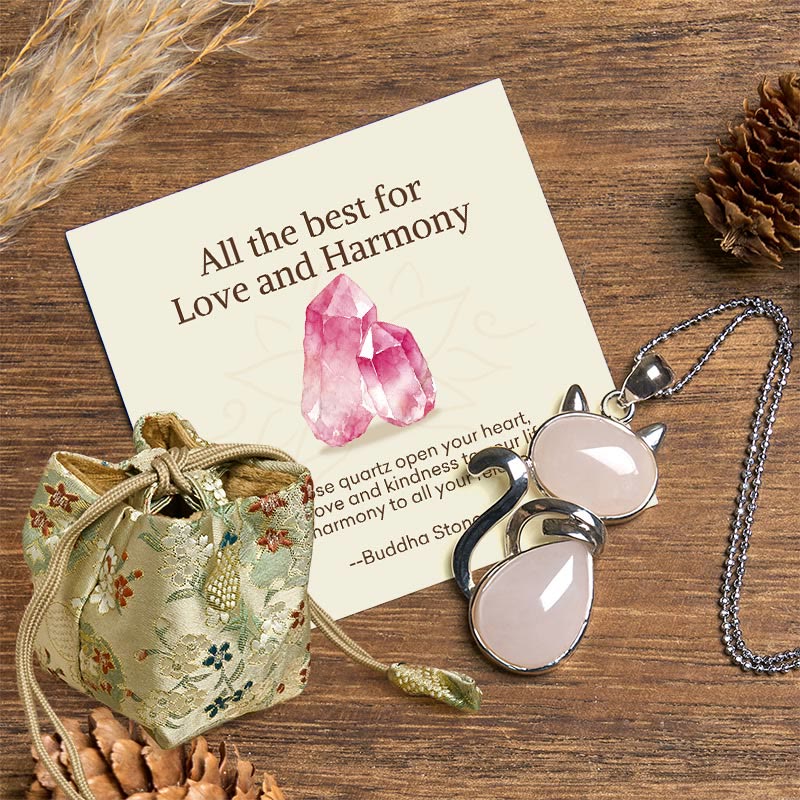 Buddha Stones "Wishing You Love and Kindness" Cat Rose Quartz Necklace Includes Gift Message Card