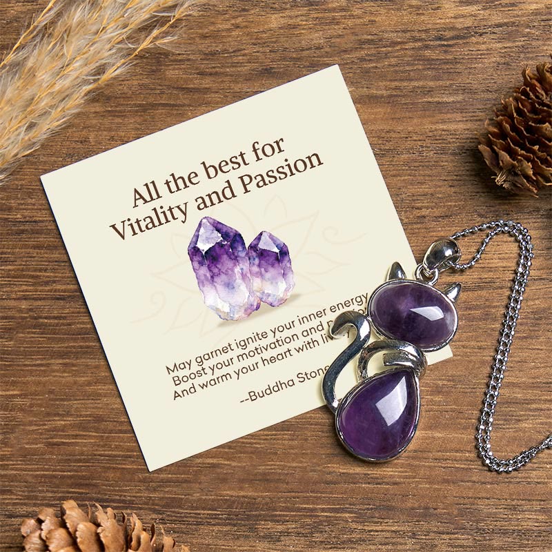 Wear FengShui "All the best for Calm and Wisdom" Cat Amethyst Necklace Includes Gift Message Card