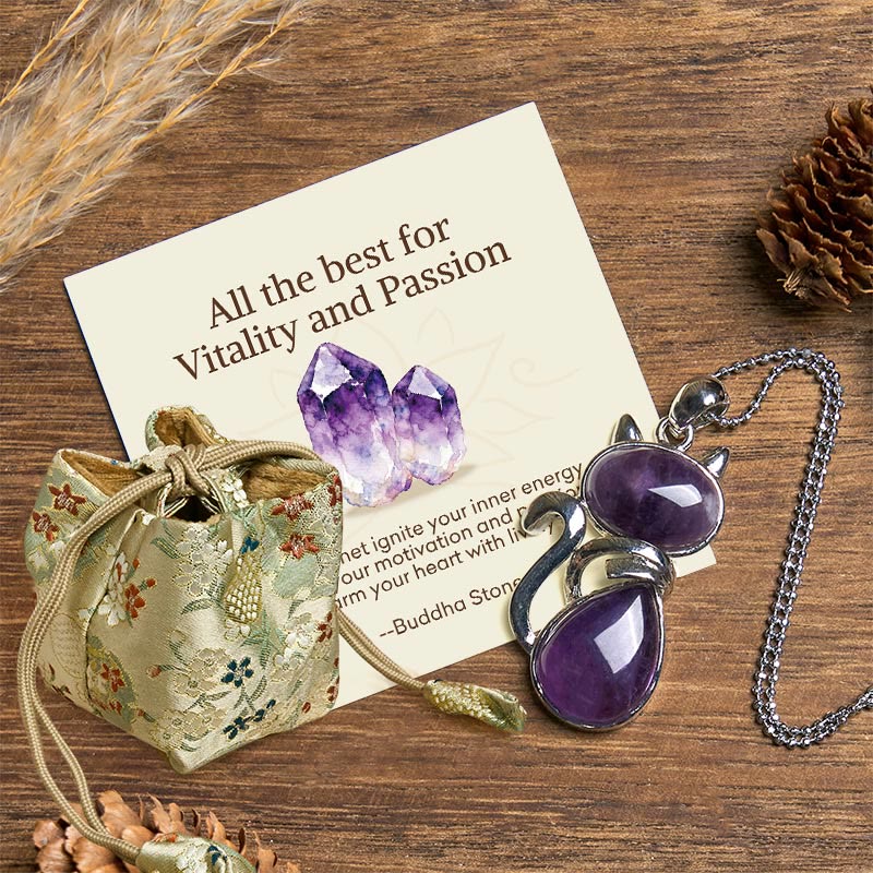 Wear FengShui "All the best for Calm and Wisdom" Cat Amethyst Necklace Includes Gift Message Card