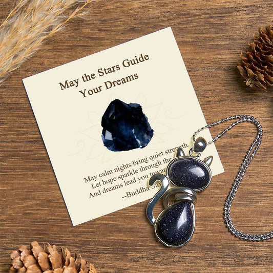 Wear FengShui "May the Stars Guide Your Dreams" Cat Sandstone Necklace Includes Gift Message Card