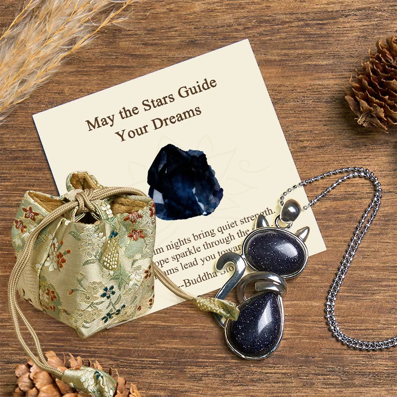 Wear FengShui "May the Stars Guide Your Dreams" Cat Sandstone Necklace Includes Gift Message Card