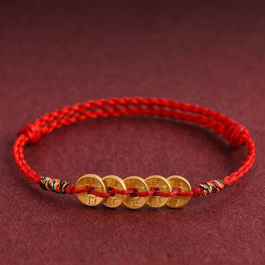 Wear FengShui Five Copper Coins Design Braided String Protection Bracelet Anklet