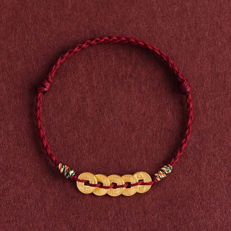 Wear FengShui Five Copper Coins Design Braided String Protection Bracelet Anklet