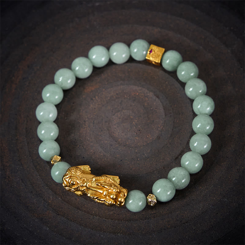 Wear FengShui Golden Pi Xiu Charm Jade Luck Prosperity Beaded Bracelet