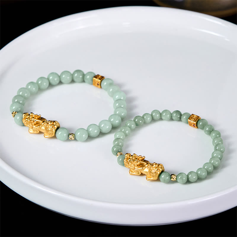 Wear FengShui Golden Pi Xiu Charm Jade Luck Prosperity Beaded Bracelet