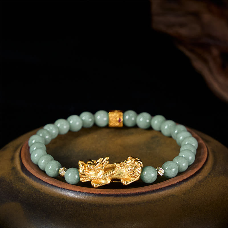 Wear FengShui Golden Pi Xiu Charm Jade Luck Prosperity Beaded Bracelet