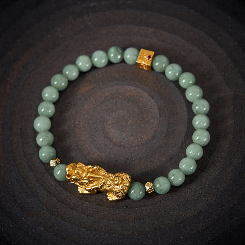Wear FengShui Golden Pi Xiu Charm Jade Luck Prosperity Beaded Bracelet