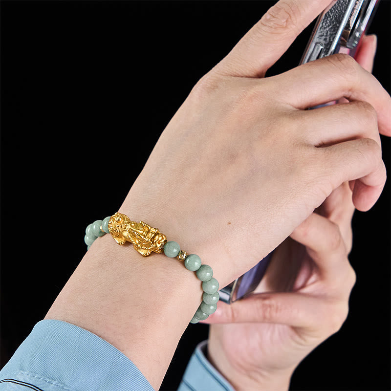 Wear FengShui Golden Pi Xiu Charm Jade Luck Prosperity Beaded Bracelet