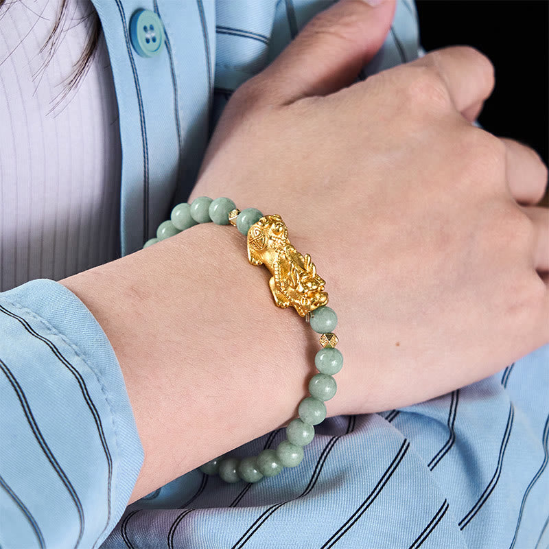 Wear FengShui Golden Pi Xiu Charm Jade Luck Prosperity Beaded Bracelet