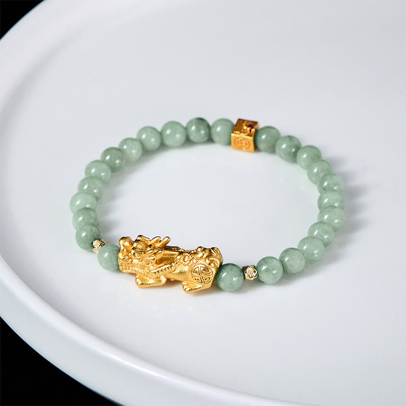 Wear FengShui Golden Pi Xiu Charm Jade Luck Prosperity Beaded Bracelet