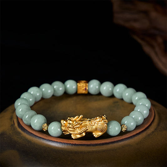 Wear FengShui Golden Pi Xiu Charm Jade Luck Prosperity Beaded Bracelet
