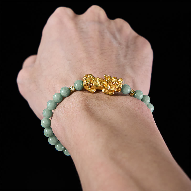 Wear FengShui Golden Pi Xiu Charm Jade Luck Prosperity Beaded Bracelet