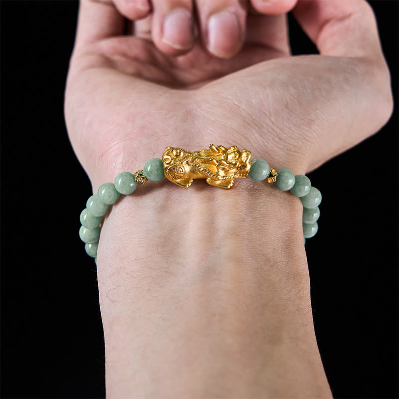Wear FengShui Golden Pi Xiu Charm Jade Luck Prosperity Beaded Bracelet