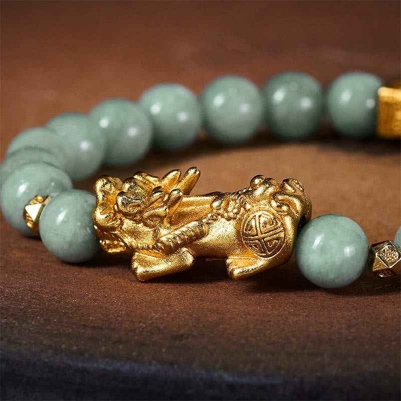 Wear FengShui Golden Pi Xiu Charm Jade Luck Prosperity Beaded Bracelet