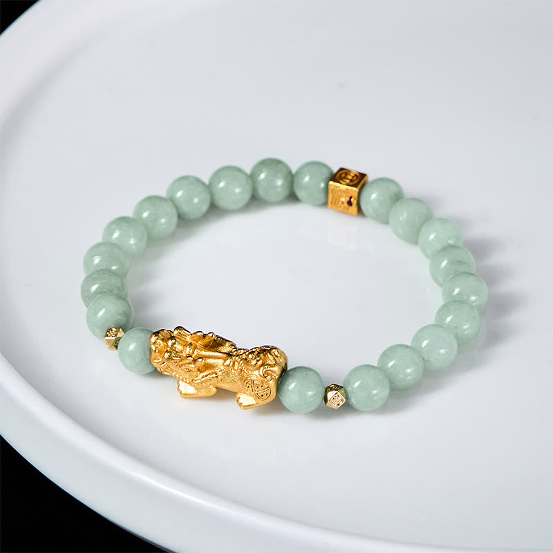 Wear FengShui Golden Pi Xiu Charm Jade Luck Prosperity Beaded Bracelet