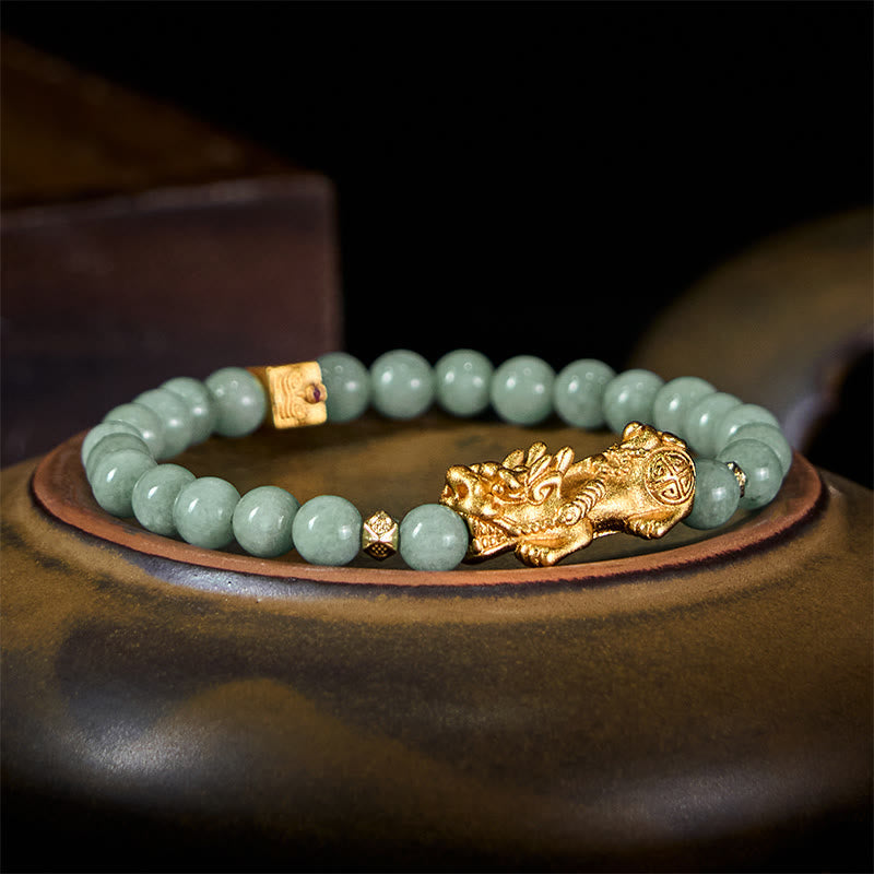 Wear FengShui Golden Pi Xiu Charm Jade Luck Prosperity Beaded Bracelet