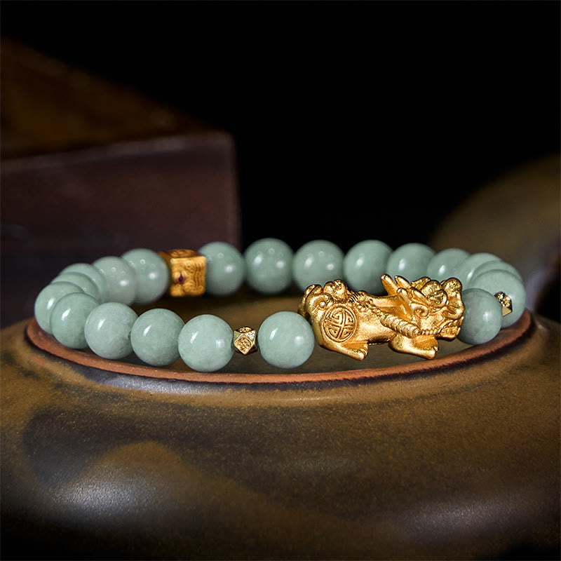 Wear FengShui Golden Pi Xiu Charm Jade Luck Prosperity Beaded Bracelet