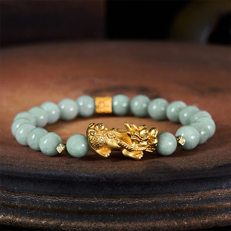 Wear FengShui Golden Pi Xiu Charm Jade Luck Prosperity Beaded Bracelet
