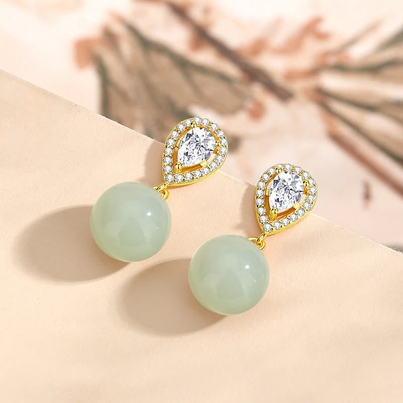 Buddha Stones 925 Sterling Silver Waterdrop Design Hetian Jade Bead Prosperity Earrings